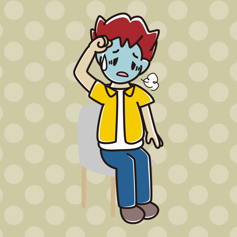 椅子で具合が悪い男子大学生のイラスト【色、背景あり】PNG