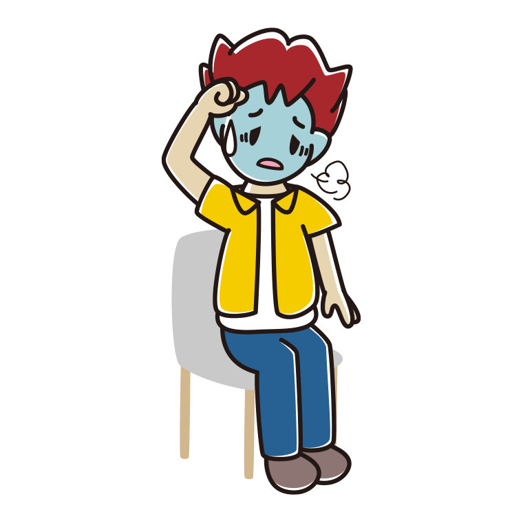 椅子で具合が悪い男子大学生のイラスト【色あり、背景なし】透過PNG