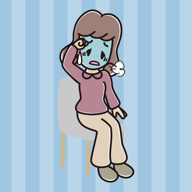 椅子で具合が悪い女子大学生のイラスト【色、背景あり】PNG