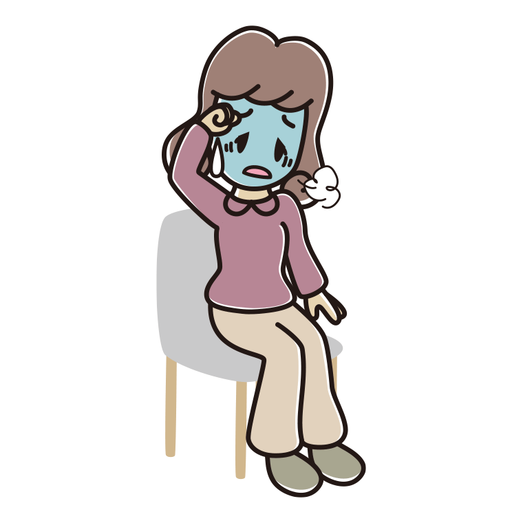 椅子で具合が悪い女子大学生のイラスト【色あり、背景なし】透過PNG