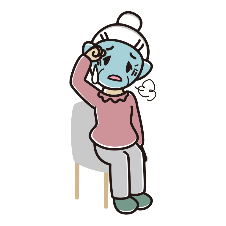 椅子で具合が悪いおばあさんのイラスト【色あり、背景なし】透過PNG