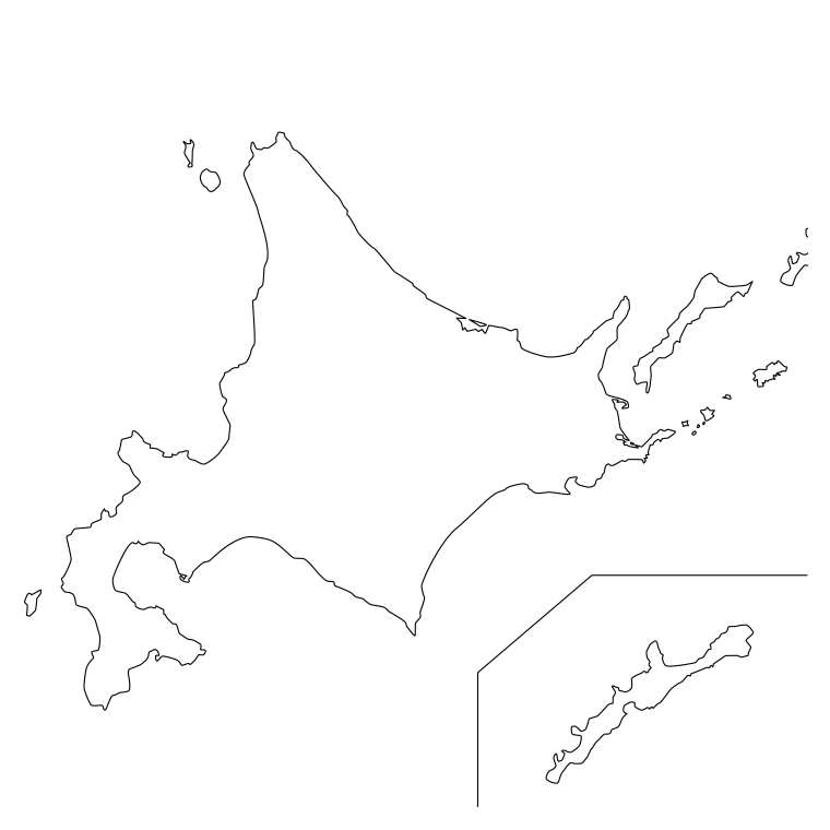 北海道の地図（詳細版・リアル）のイラスト【線のみ】透過PNG