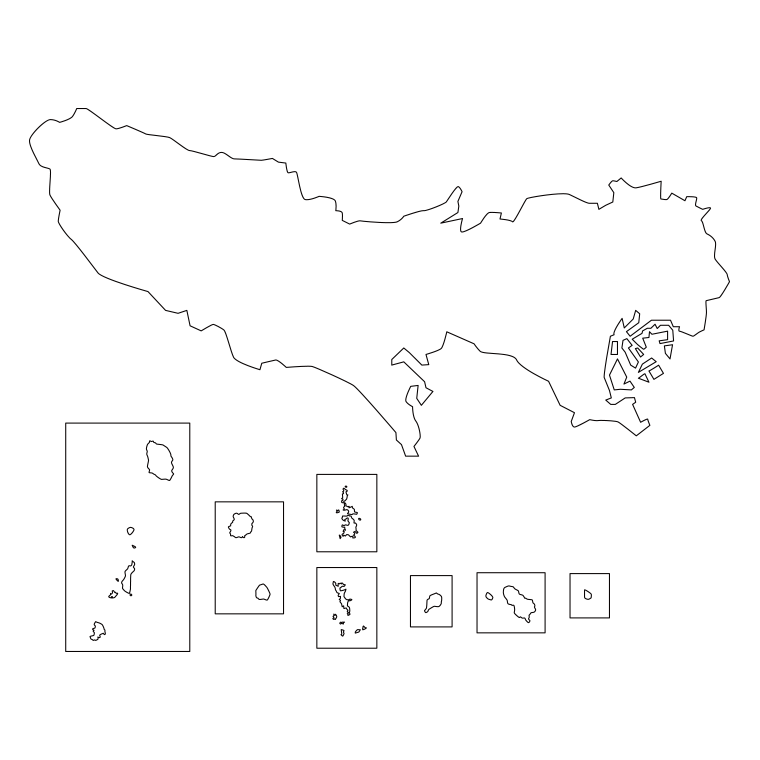 東京都の地図（詳細版・リアル）のイラスト【線のみ】透過PNG