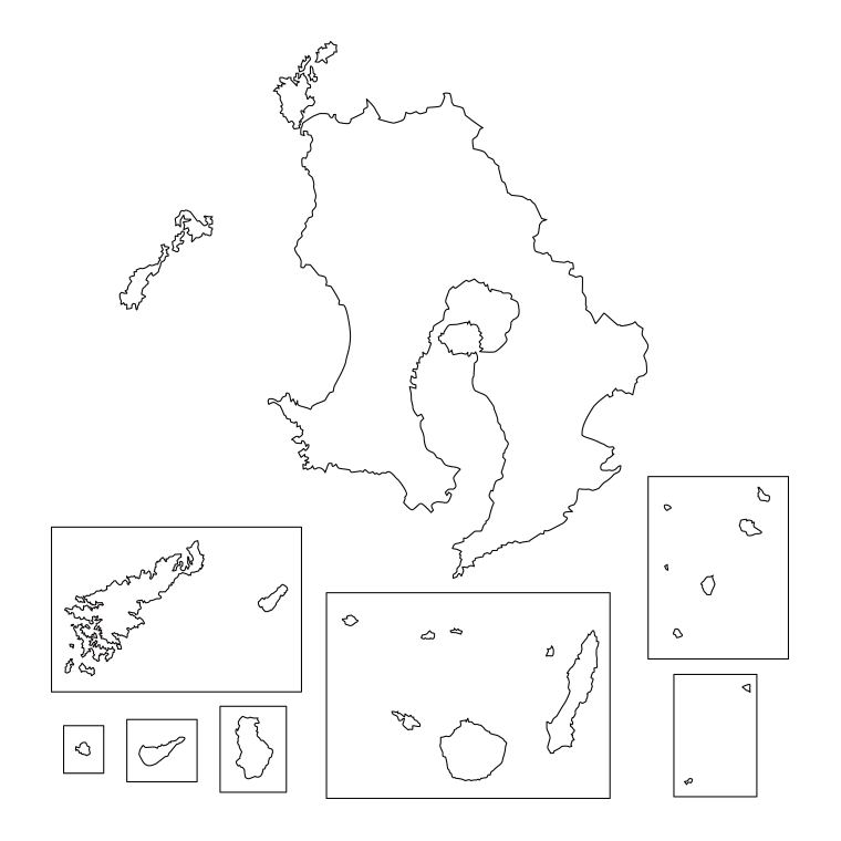 鹿児島県の地図（詳細版・リアル）のイラスト【線のみ】透過PNG