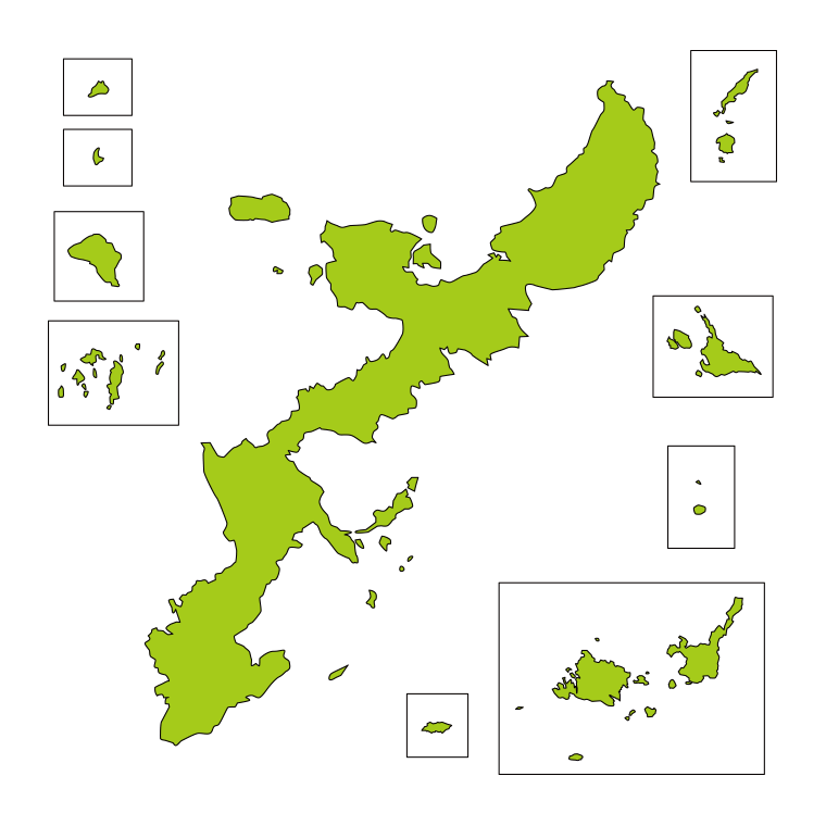 沖縄県の地図（詳細版・リアル）のイラスト【色あり、背景なし】透過PNG