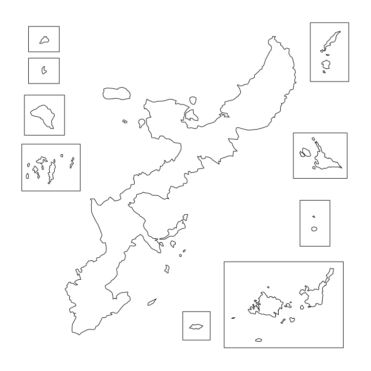 沖縄県の地図（詳細版・リアル）のイラスト【線のみ】透過PNG