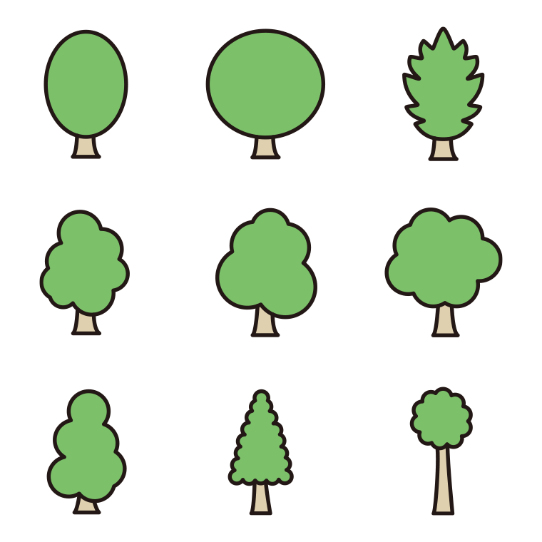 木のイラスト・アイコンセットA（9種）【色あり、背景なし】透過PNG