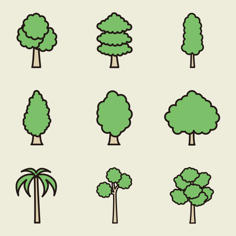 木のイラスト・アイコンセットB（9種）【色、背景あり】PNG
