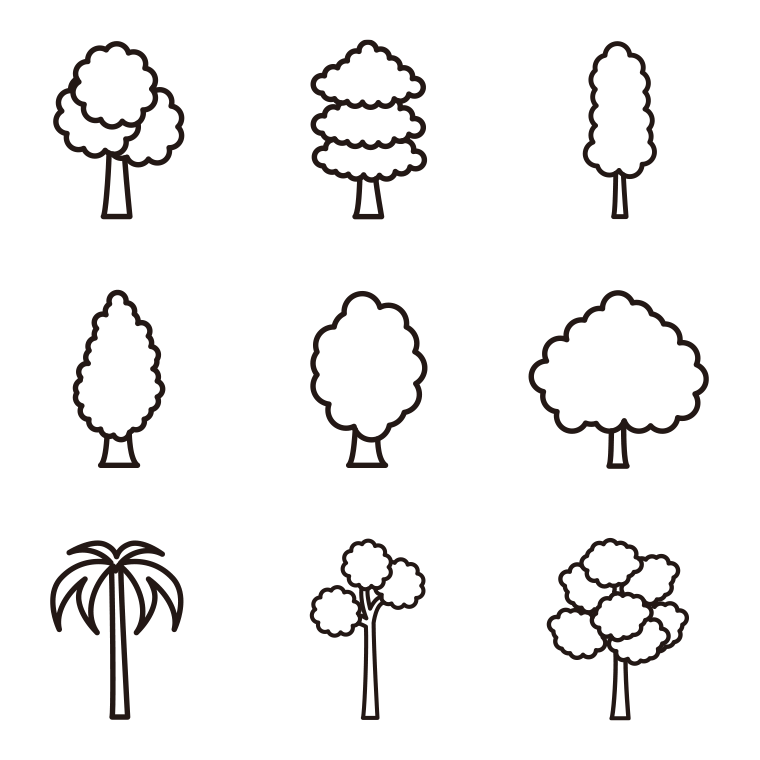 木のイラスト・アイコンセットB（9種）【線のみ】透過PNG