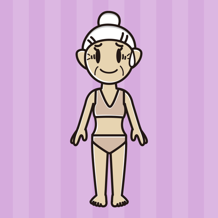 インナーウェアの着用例イラスト（苦笑いするおばあさん）【色、背景あり】PNG