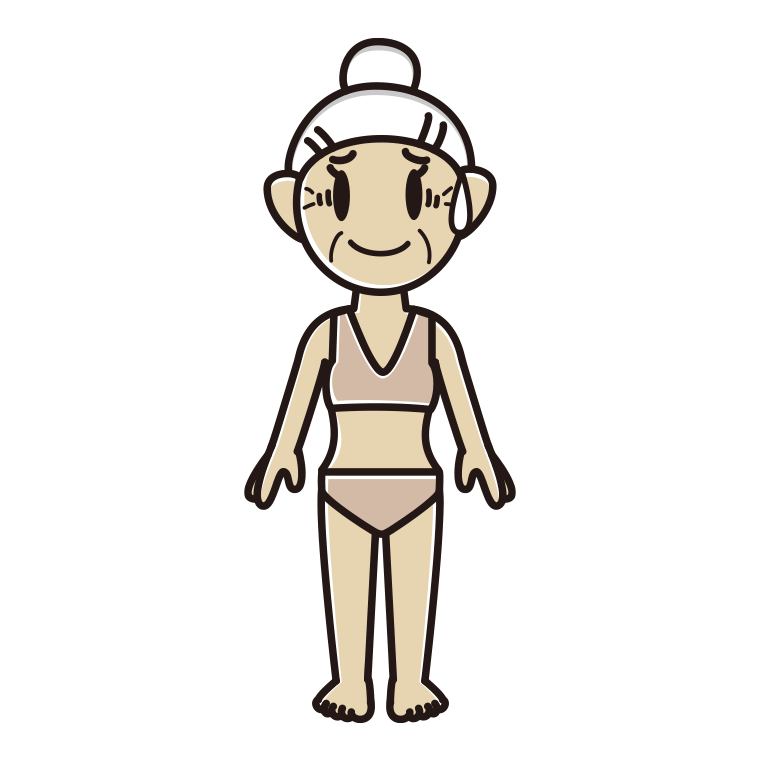 インナーウェアの着用例イラスト（苦笑いするおばあさん）【色あり、背景なし】透過PNG