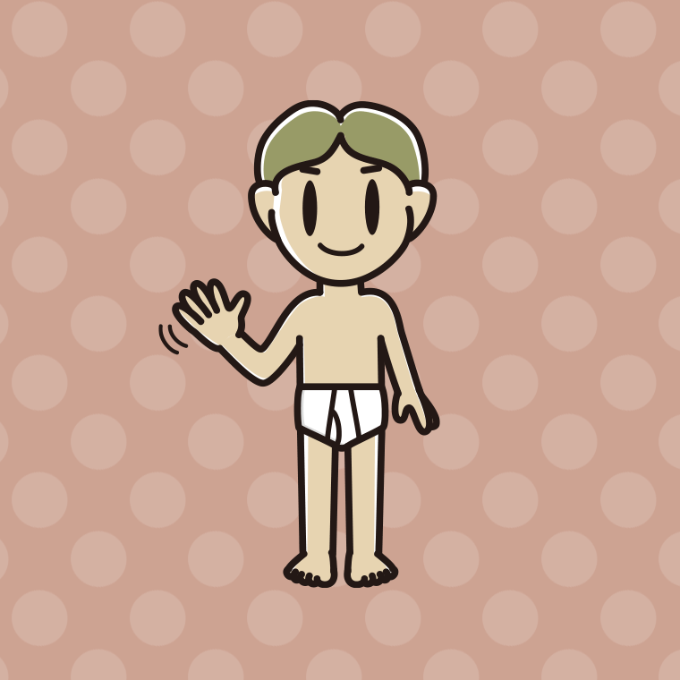インナーウェアの着用例イラスト（手を振る小学生男子）【色、背景あり】PNG