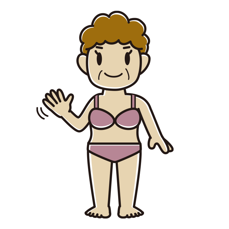 インナーウェアの着用例イラスト（手を振るおばさん）【色あり、背景なし】透過PNG
