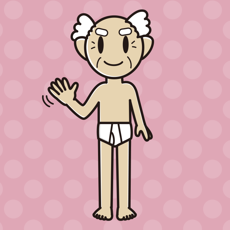 インナーウェアの着用例イラスト（手を振るおじいさん）【色、背景あり】PNG