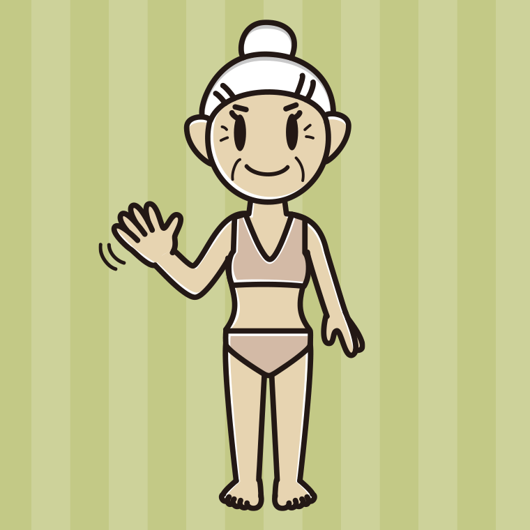 インナーウェアの着用例イラスト（手を振るおばあさん）【色、背景あり】PNG