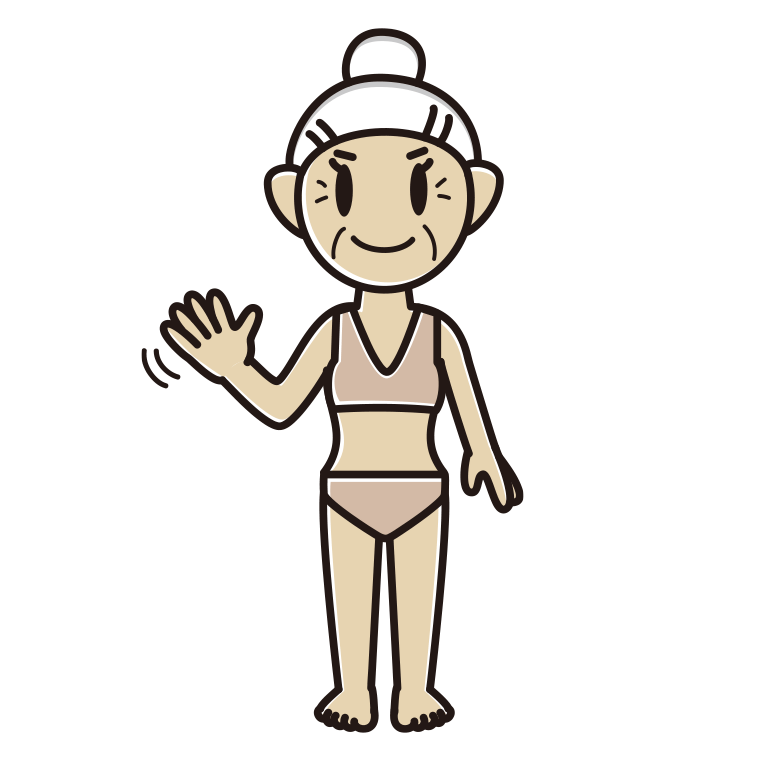 インナーウェアの着用例イラスト（手を振るおばあさん）【色あり、背景なし】透過PNG
