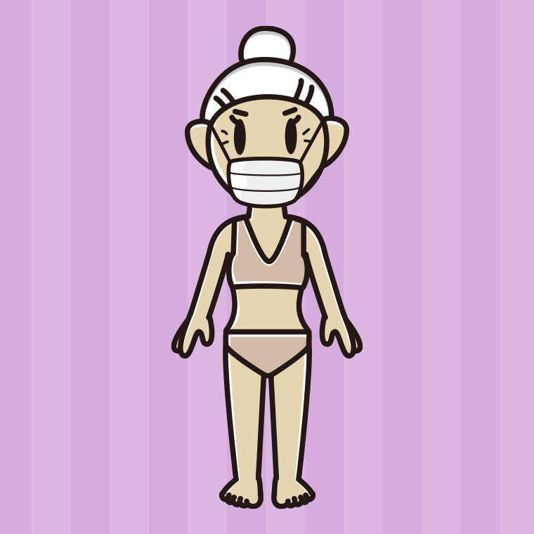 インナーウェアの着用例イラスト（マスクをするおばあさん）【色、背景あり】PNG