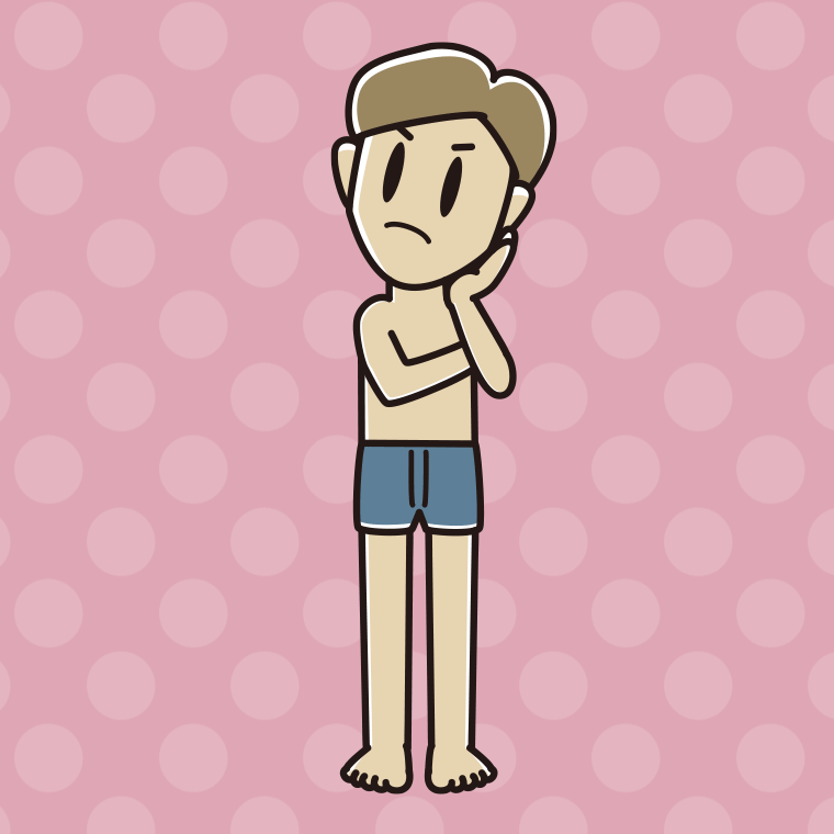 インナーウェアの着用例イラスト（考える男性）【色、背景あり】PNG