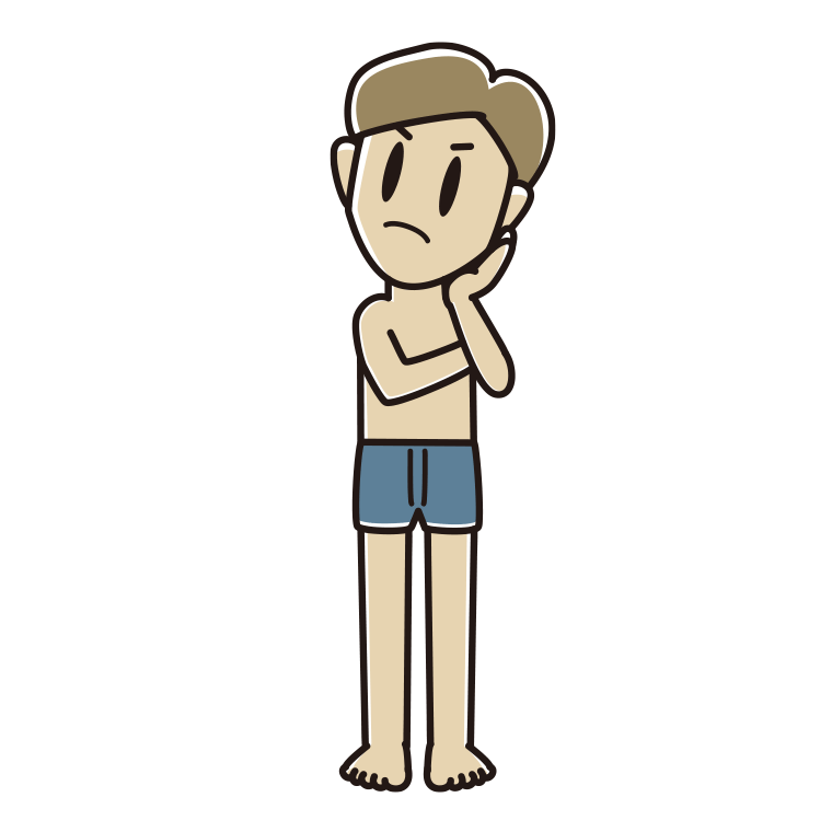 インナーウェアの着用例イラスト（考える男性）【色あり、背景なし】透過PNG