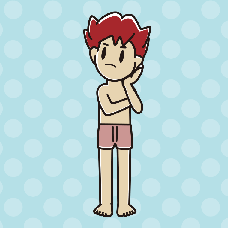 インナーウェアの着用例イラスト（考える男子大学生）【色、背景あり】PNG