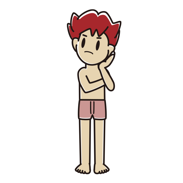 インナーウェアの着用例イラスト（考える男子大学生）【色あり、背景なし】透過PNG
