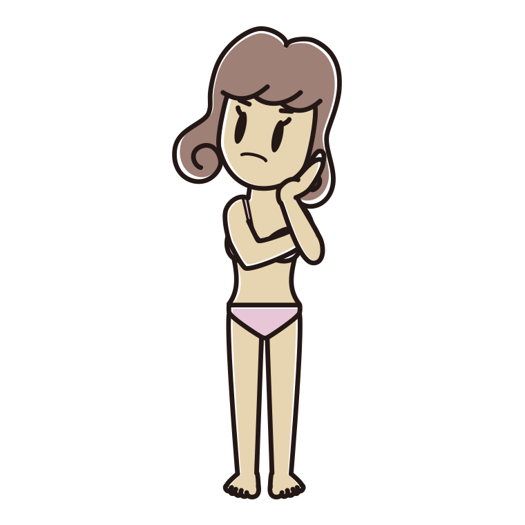 インナーウェアの着用例イラスト（考える女子大学生）【色あり、背景なし】透過PNG