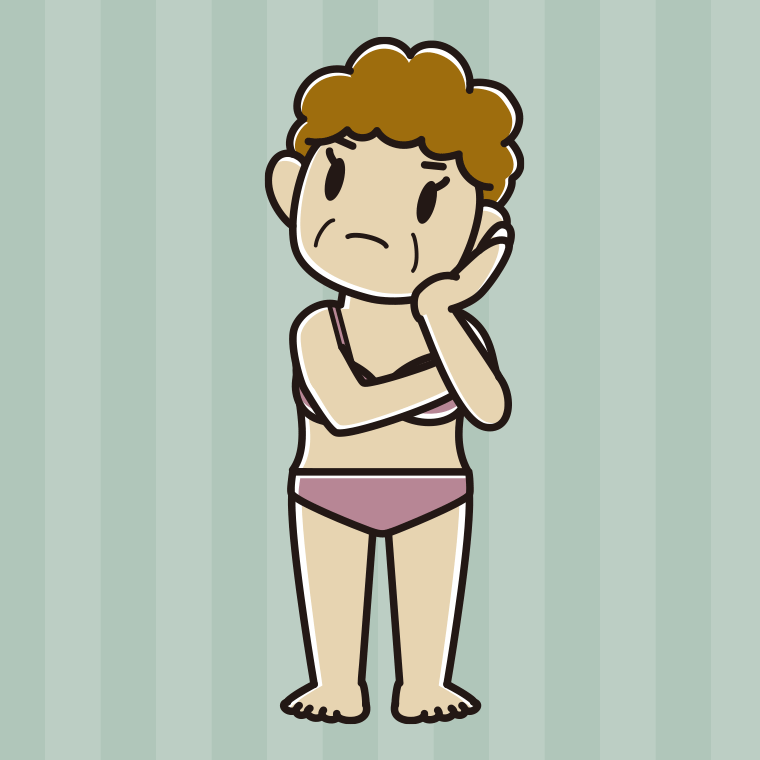 インナーウェアの着用例イラスト（考えるおばさん）【色、背景あり】PNG