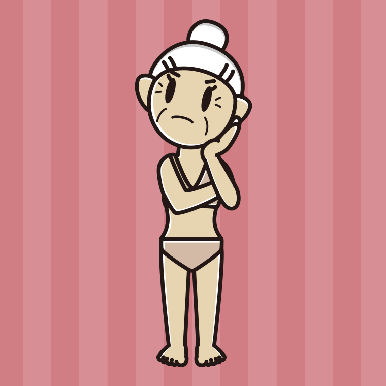 インナーウェアの着用例イラスト（考えるおばあさん）【色、背景あり】PNG