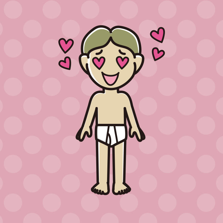 インナーウェアの着用例イラスト（目がハートの小学生男子）【色、背景あり】PNG