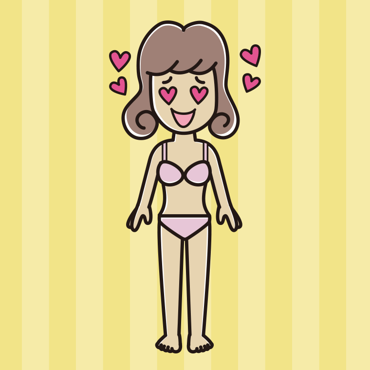 インナーウェアの着用例イラスト（目がハートの女子大学生）【色、背景あり】PNG