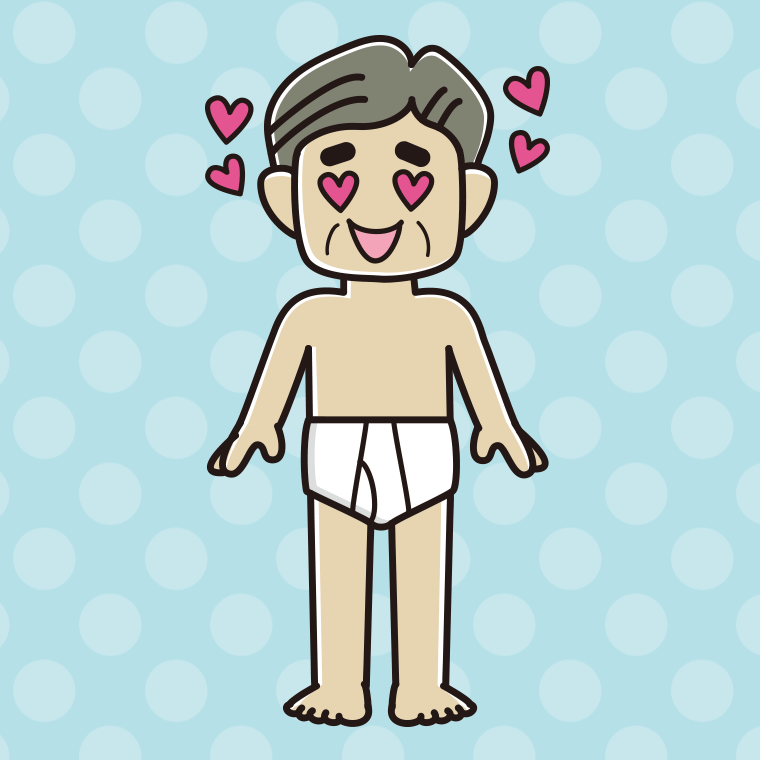 インナーウェアの着用例イラスト（目がハートのおじさん）【色、背景あり】PNG