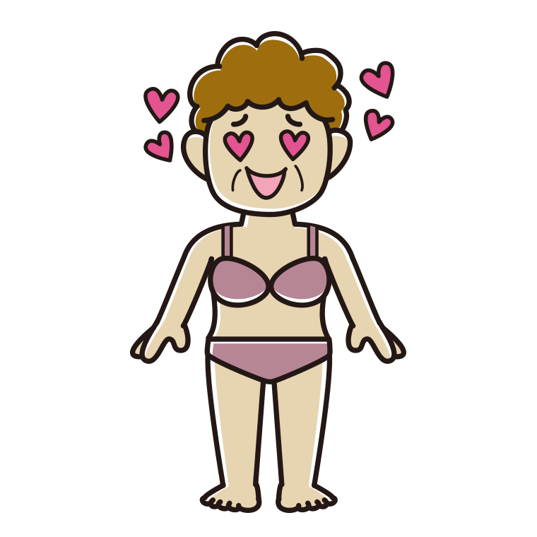 インナーウェアの着用例イラスト（目がハートのおばさん）【色あり、背景なし】透過PNG