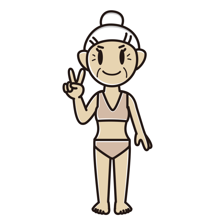 インナーウェアの着用例イラスト（ピースをするおばあさん）【色あり、背景なし】透過PNG