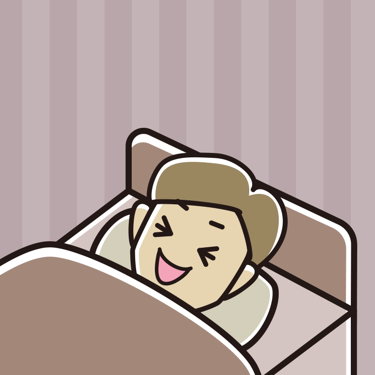 ベッドで寝ながら笑う男性のイラスト【色、背景あり】PNG