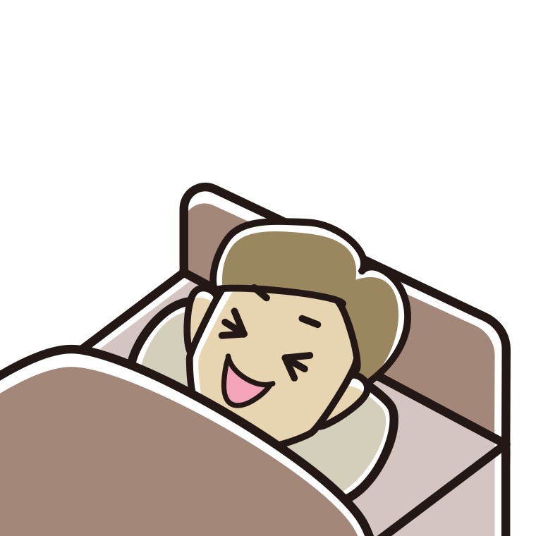 ベッドで寝ながら笑う男性のイラスト【色あり、背景なし】透過PNG