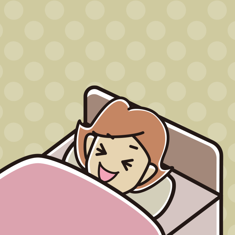 ベッドで寝ながら笑う女性のイラスト【色、背景あり】PNG