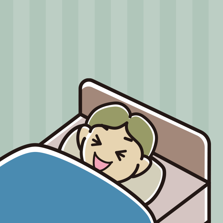 ベッドで寝ながら笑う小学生男子のイラスト【色、背景あり】PNG