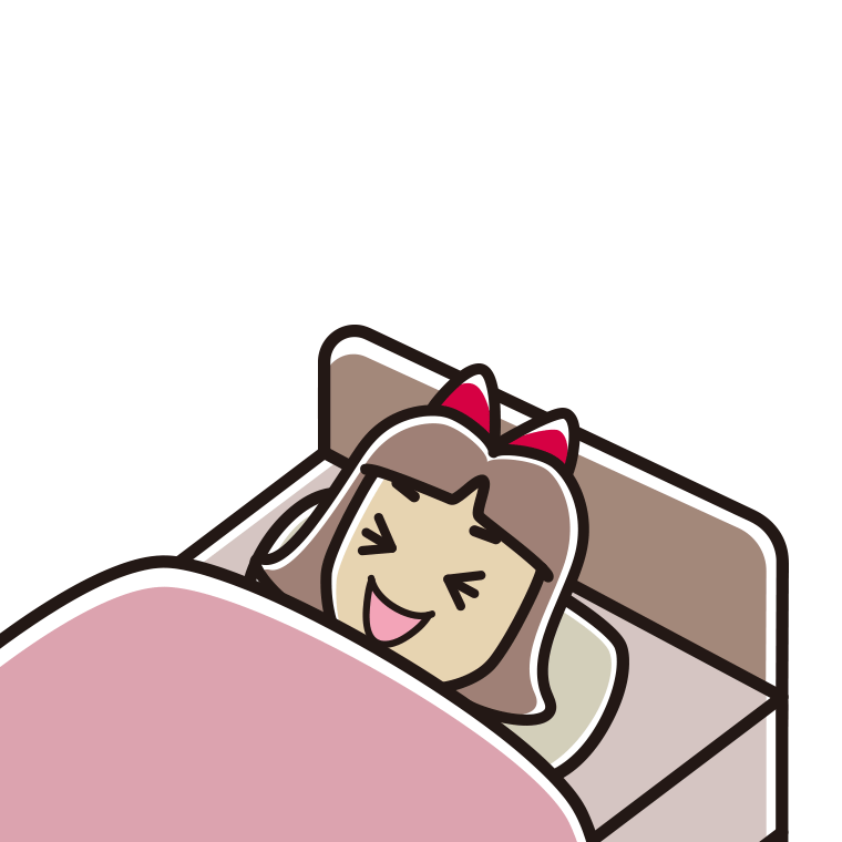 ベッドで寝ながら笑う小学生女子のイラスト【色あり、背景なし】透過PNG