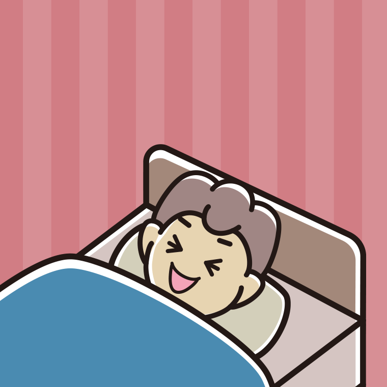 ベッドで寝ながら笑う男子中学生のイラスト【色、背景あり】PNG