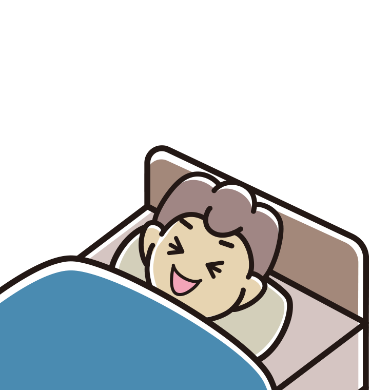ベッドで寝ながら笑う男子中学生のイラスト【色あり、背景なし】透過PNG