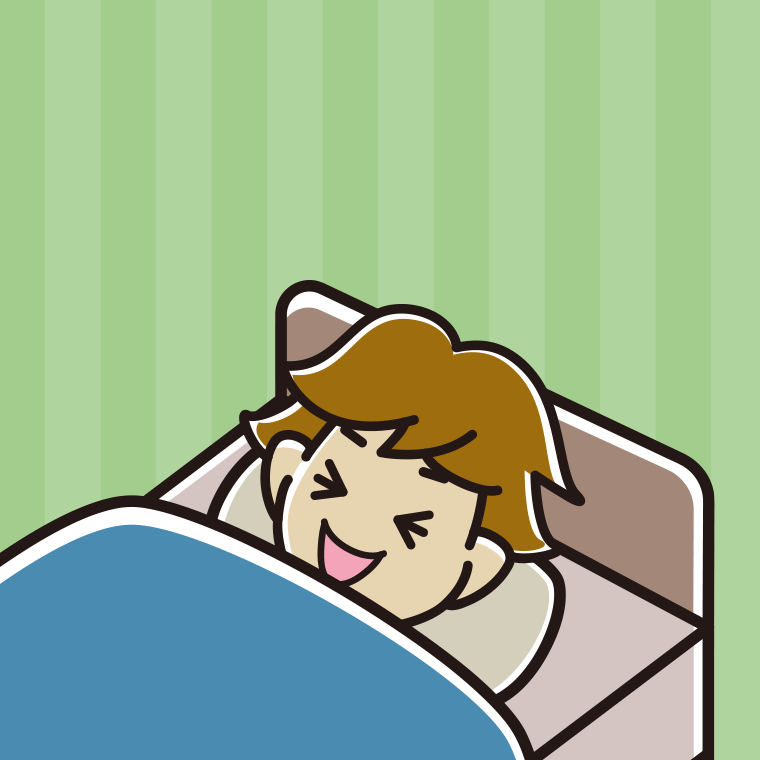 ベッドで寝ながら笑う男子高校生のイラスト【色、背景あり】PNG