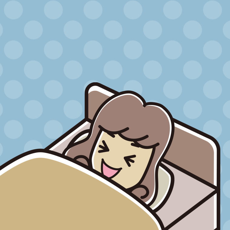 ベッドで寝ながら笑う女子大学生のイラスト【色、背景あり】PNG