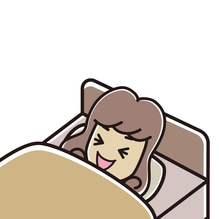 ベッドで寝ながら笑う女子大学生のイラスト【色あり、背景なし】透過PNG