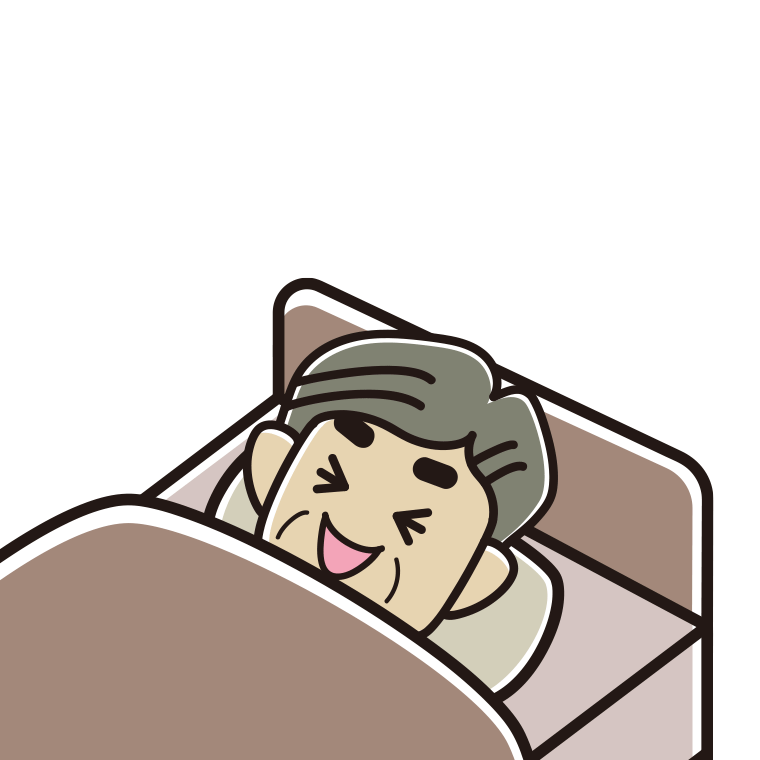 ベッドで寝ながら笑うおじさんのイラスト【色あり、背景なし】透過PNG
