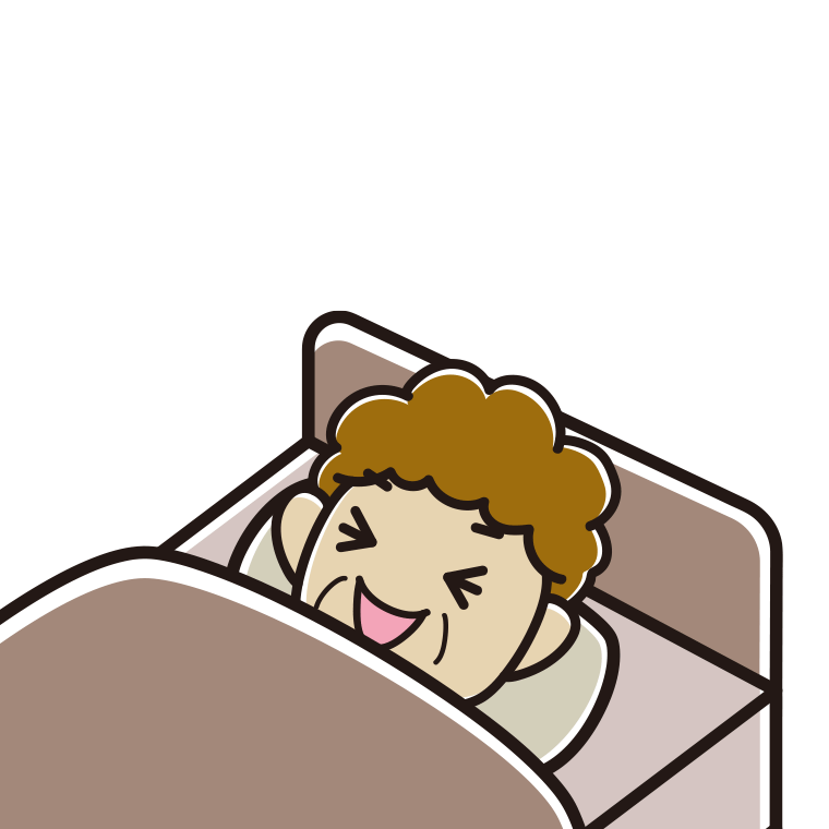 ベッドで寝ながら笑うおばさんのイラスト【色あり、背景なし】透過PNG