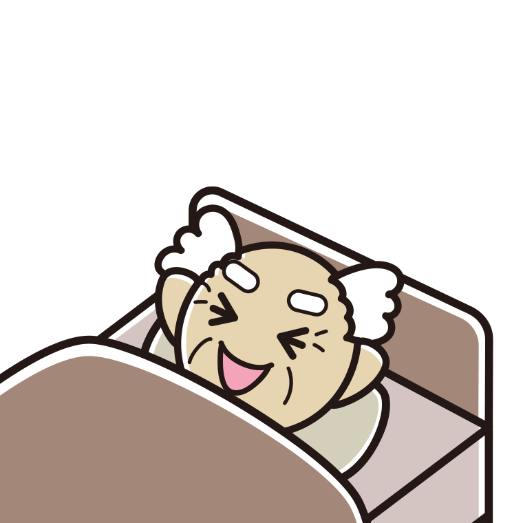 ベッドで寝ながら笑うおじいさんのイラスト【色、背景あり】PNG