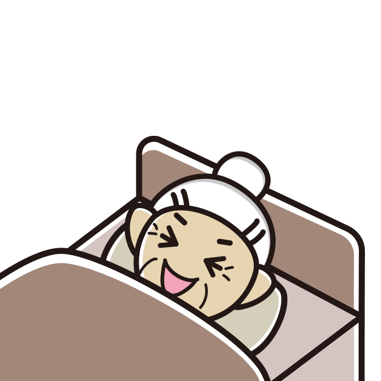 ベッドで寝ながら笑うおばあさんのイラスト【色あり、背景なし】透過PNG