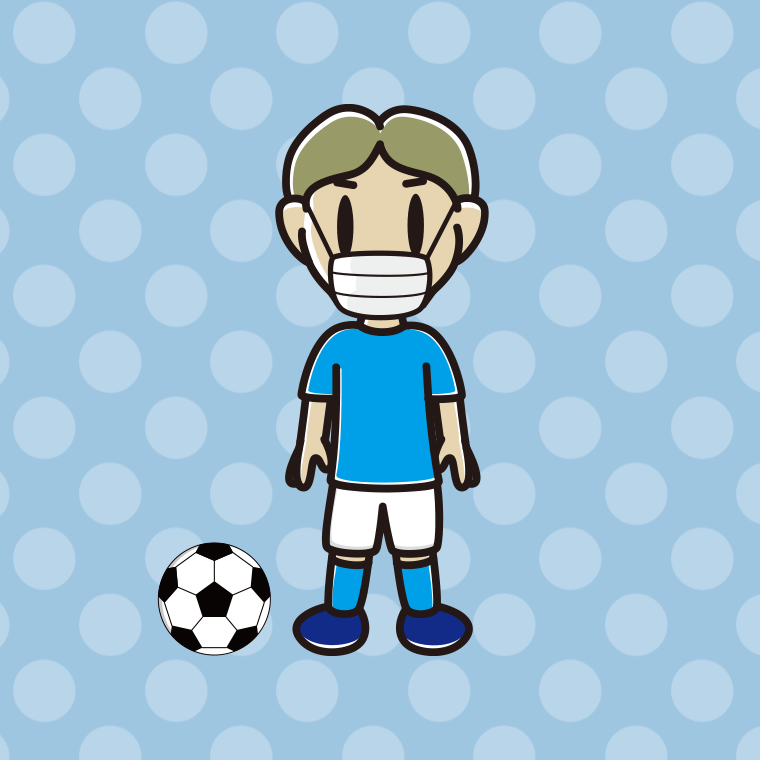 マスクをするサッカーのユニフォーム姿の小学生男子のイラスト【色、背景あり】PNG