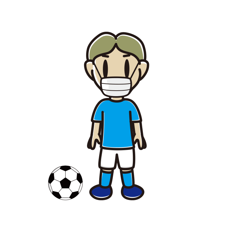 マスクをするサッカーのユニフォーム姿の小学生男子のイラスト【色あり、背景なし】透過PNG