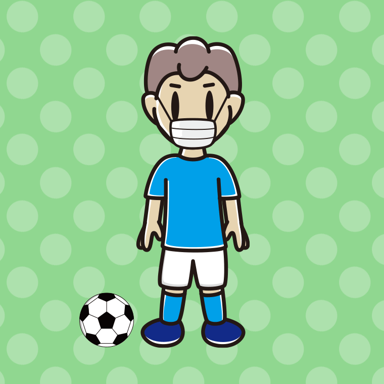 マスクをするサッカーのユニフォーム姿の男子中学生のイラスト【色、背景あり】PNG